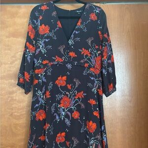 Madewell Silk Navy A-line V-neck Dress with Red Florals